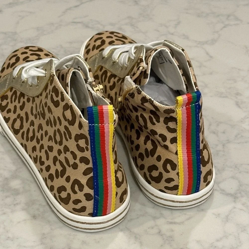 Mini Boden Girls Leopard Print High Top Sneakers Gold Trim Rainbow Zip Size 39